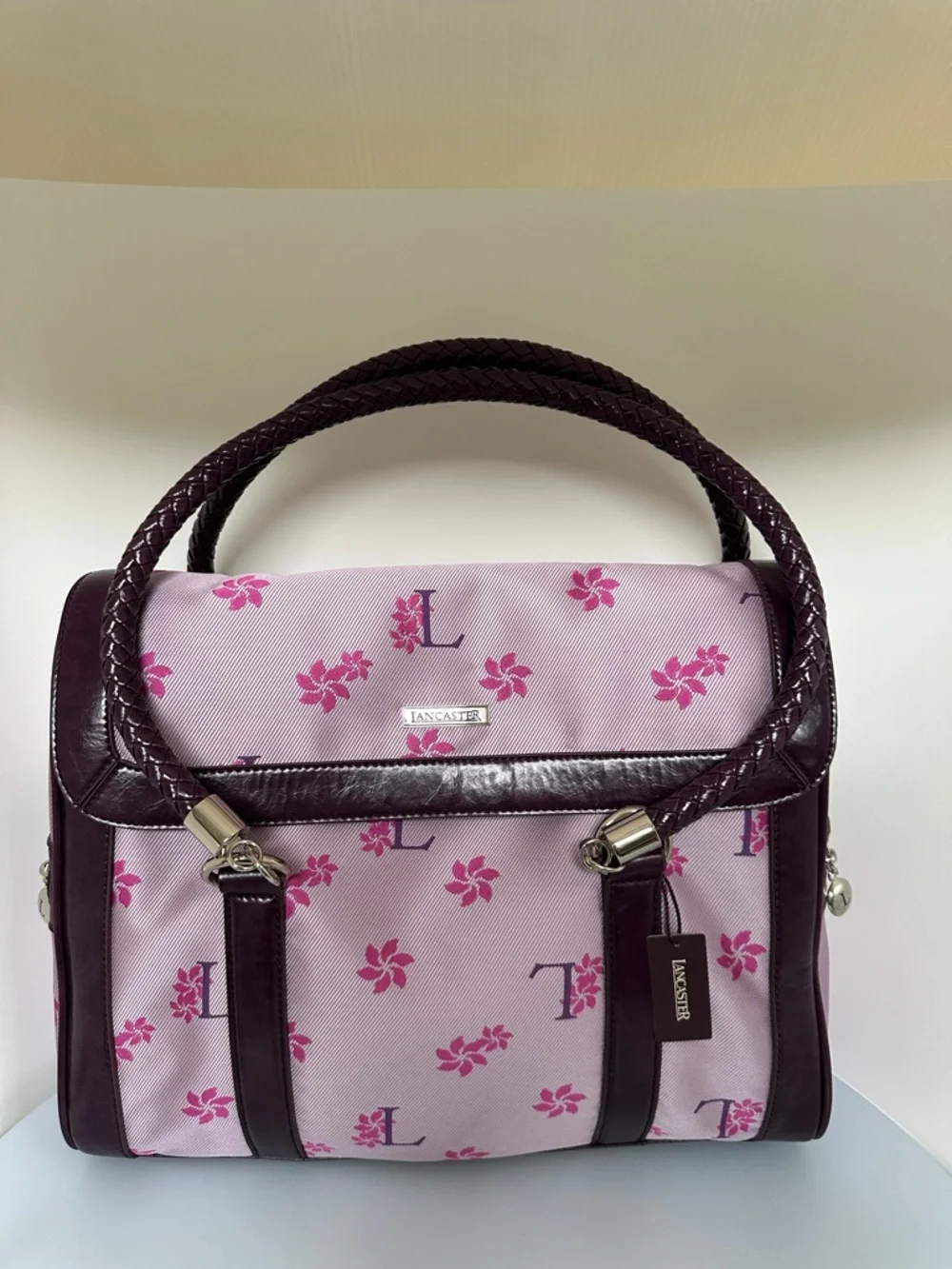 Lancaster NEW Pink Floral Satchel with Braided Handles